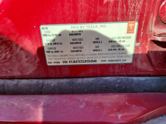 5YJSA1E23JF254648 - 2018 TESLA MODEL S Կարմիր լուսանկար 12