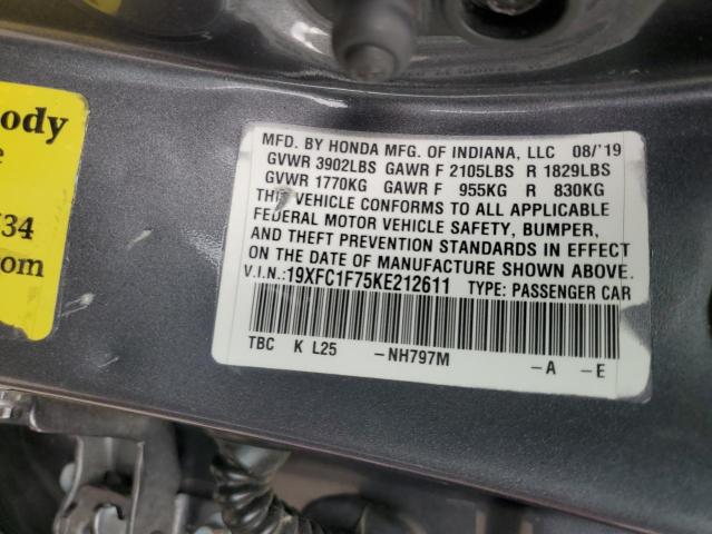 19XFC1F75KE212611 - 2019 HONDA CIVIC EXL Gris photo 12