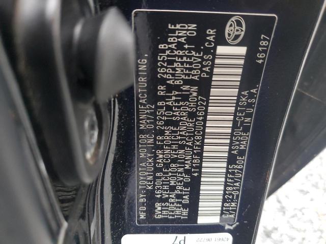 4T1BF1FK8CU046027 - 2012 TOYOTA CAMRY BASE BLACK photo 12