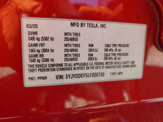 5YJYGDEF5LF000780 - 2020 TESLA MODEL Y RED photo 13