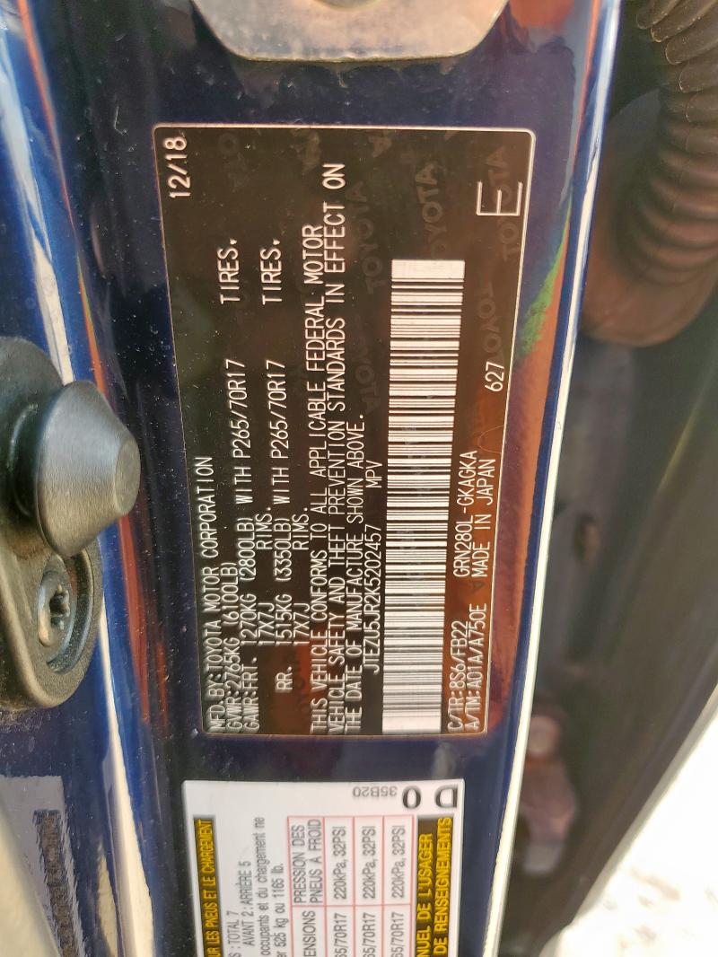 JTEZU5JR2K5202457 - 2019 TOYOTA 4RUNNER SR5 Көк фото 13