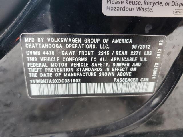 1VWBH7A3XDC031602 - 2013 VOLKSWAGEN PASSAT SE BLACK photo 12