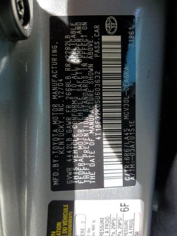 4T1BF32K05U603632 - 2005 TOYOTA CAMRY LE GRAY photo 12