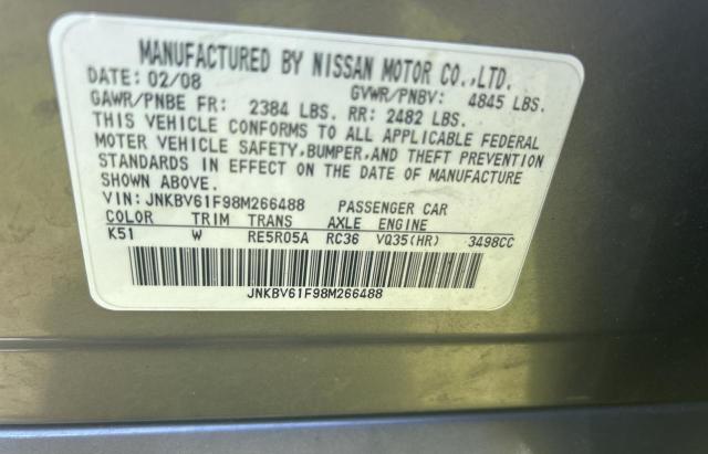 JNKBV61F98M266488 - 2008 INFINITI G35 GRAY photo 10