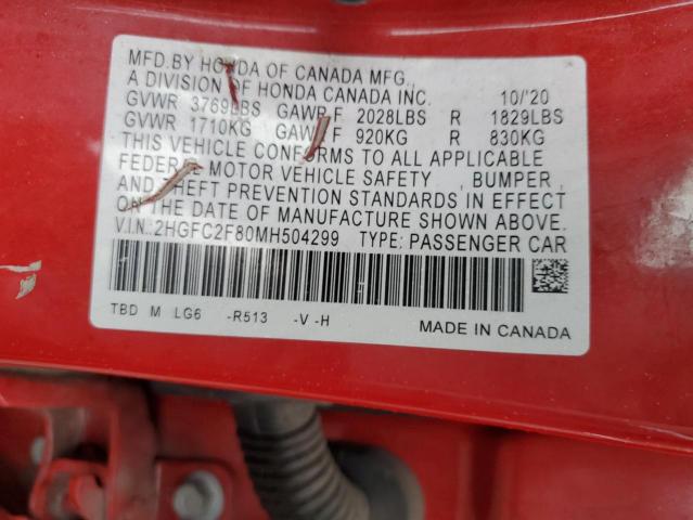 2HGFC2F80MH504299 - 2021 HOND CIVIC SPORT წითელი ფოტო 13