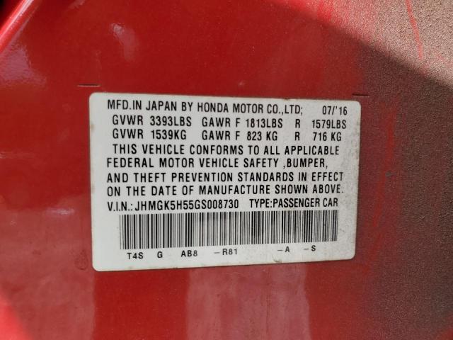 JHMGK5H55GS008730 - 2016 HONDA FIT LX წითელი ფოტო 12