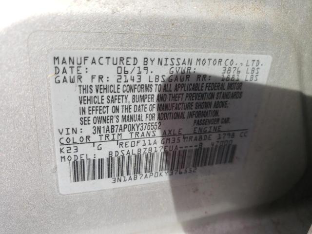 3N1AB7AP0KY376552 - 2019 NISSAN SENTRA S SILVER photo 12