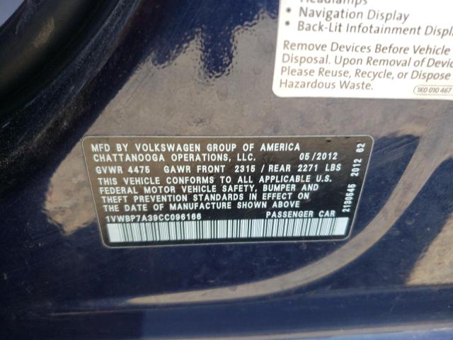 1VWBP7A39CC096166 - 2012 VOLKSWAGEN PASSAT SE BLUE photo 12