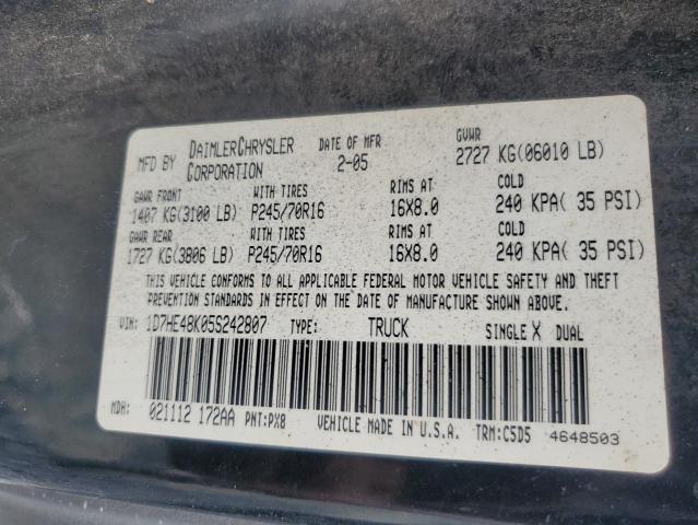 1D7HE48K05S242807 - 2005 DODGE DAKOTA QUAD SLT BLACK photo 12