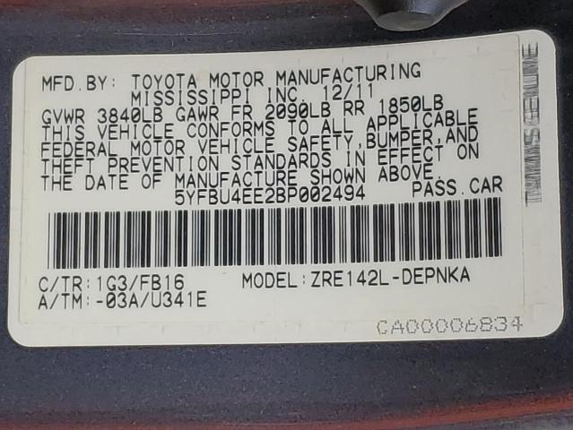 5YFBU4EE2BP002494 - 2011 TOYOTA COROLLA BASE Գրաֆիտ լուսանկար 13