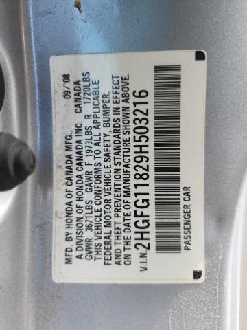 2HGFG11829H503216 - 2009 HONDA CIVIC EX SILVER photo 12