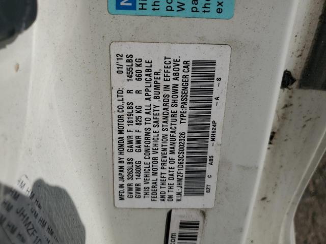 JHMZF1D63CS002326 - 2012 HONDA CR-Z EX WHITE photo 12