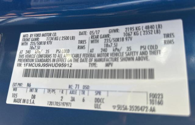1FMCU9J95HUD95912 - 2017 FORD ESCAPE TITANIUM BLUE photo 10