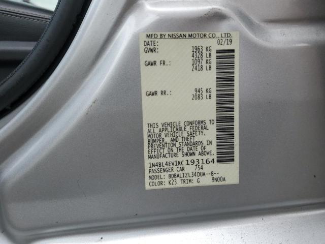 1N4BL4EV1KC193164 - 2019 NISSAN ALTIMA SL SILVER photo 12