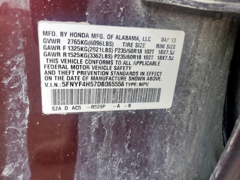 5FNYF4H57DB065556 - 2013 HONDA PILOT EXL MAROON photo 13