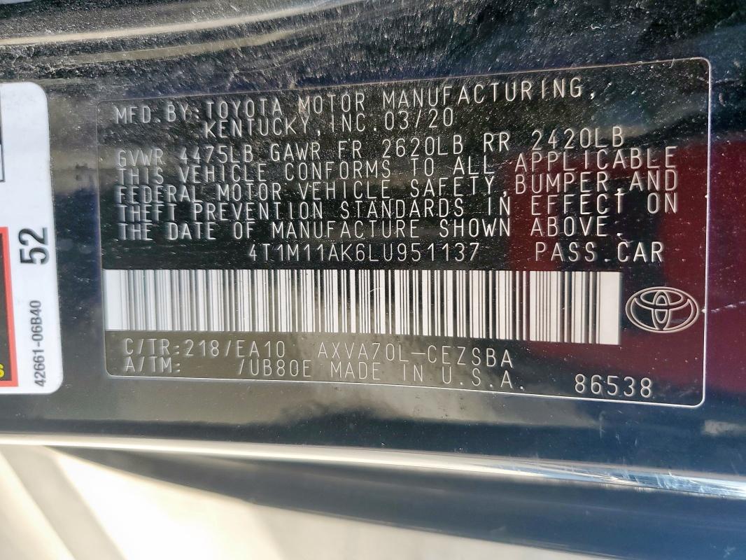 4T1M11AK6LU951137 - 2020 TOYOTA CAMRY SE შავი ფოტო 13