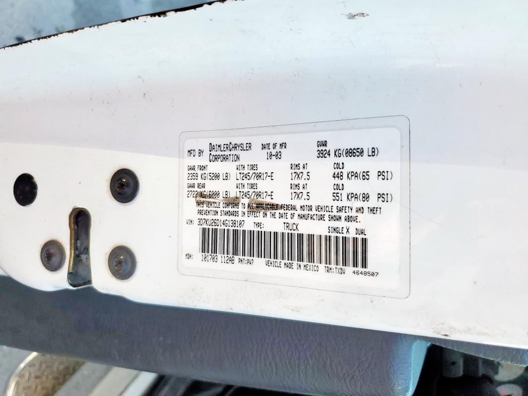 3D7KU26D14G138107 - 2004 DODGE RAM 2500 ST Білий фото 12