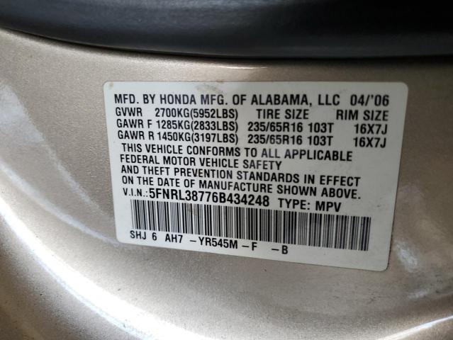 5FNRL38776B434248 - 2006 HOND ODYSSEY EXL GOLD photo 13