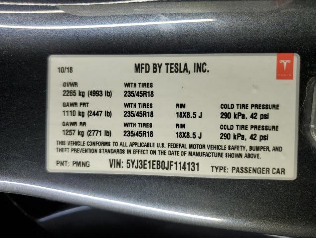 5YJ3E1EB0JF114131 - 2018 TESLA MODEL 3 GRAY photo 13