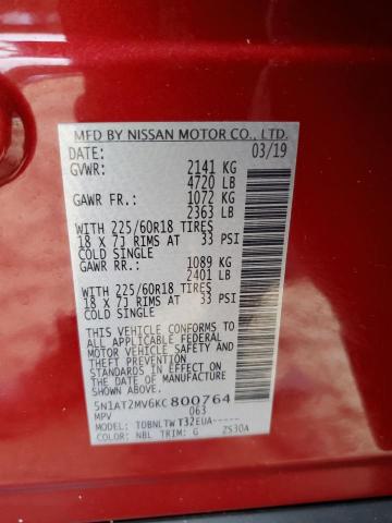 5N1AT2MV6KC800764 - 2019 NISSAN ROGUE S 红色 照片 14