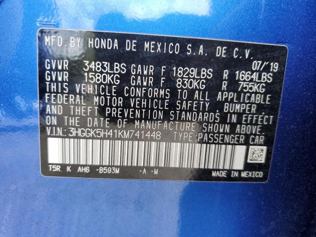 3HGGK5H41KM741448 - 2019 HONDA FIT LX Көк фото 12