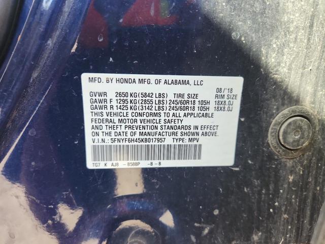 5FNYF6H45KB017957 - 2019 HONDA PILOT EXL Blau Foto 12