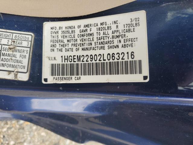 1HGEM22902L063216 - 2002 HONDA CIVIC EX 蓝色 照片 12