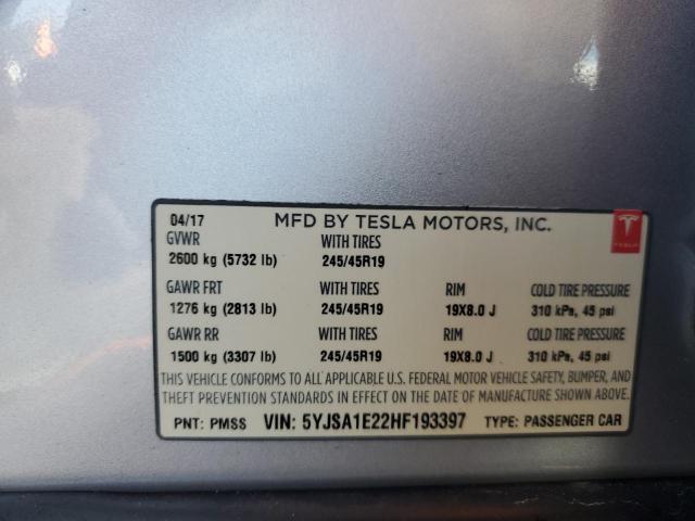 5YJSA1E22HF193397 - 2017 TESLA MODEL S SILVER photo 12