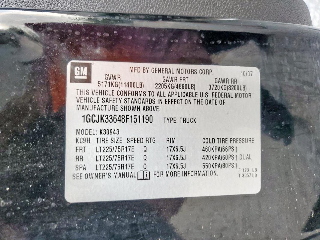 1GCJK33648F151190 - 2008 CHEVROLET SILVERADO K3500 BLACK photo 12