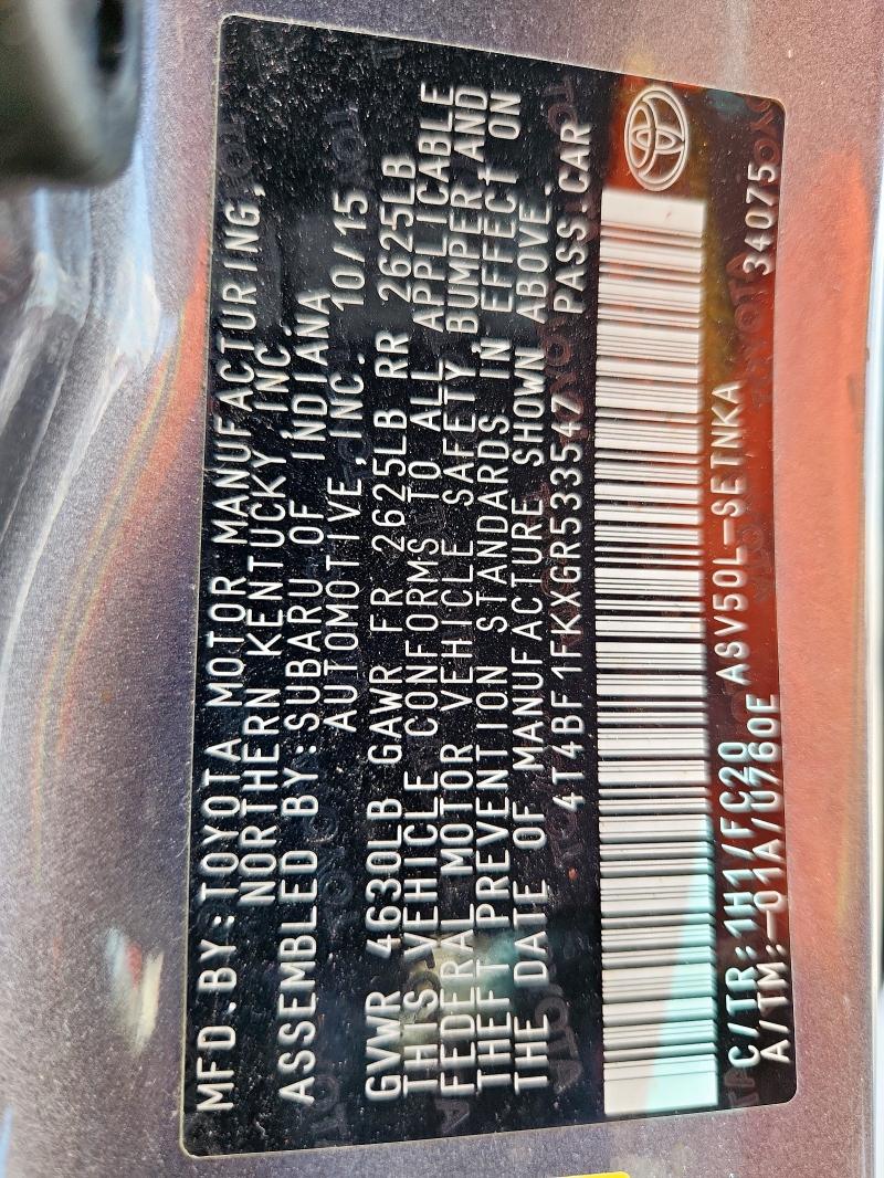 4T4BF1FKXGR533547 - 2016 TOYOTA CAMRY LE GRAY photo 13