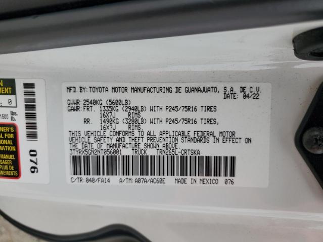 3TYRX5GN2NT056001 - 2022 TOYOTA TACOMA ACCESS CAB Білий фото 12