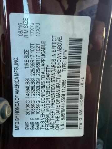 5J6RM4H55GL112685 - 2016 HONDA CR-V EX BURGUNDY photo 10