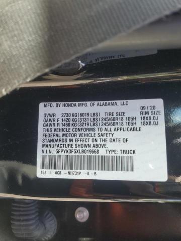 5FPYK3F5XLB019668 - 2020 HONDA RIDGELINE RTL BLACK photo 12