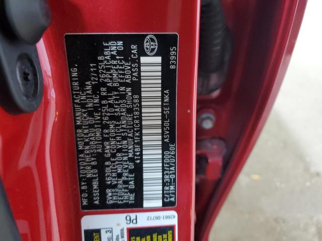4T4BF1FK1CR183588 - 2012 TOYOTA CAMRY BASE RED photo 12