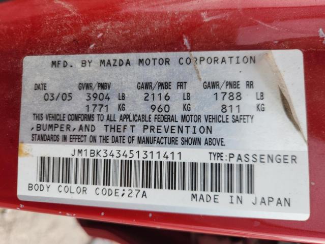 JM1BK343451311411 - 2005 MAZDA 3 HATCHBACK RED photo 12