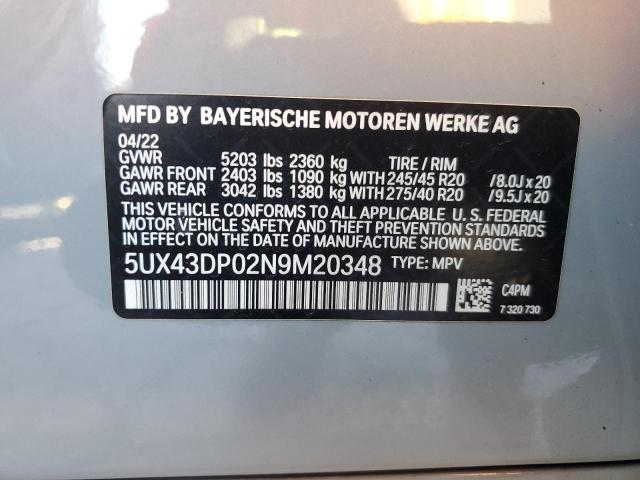 5UX43DP02N9M20348 - 2022 BMW X3 SDRIVE30I GRAY photo 14