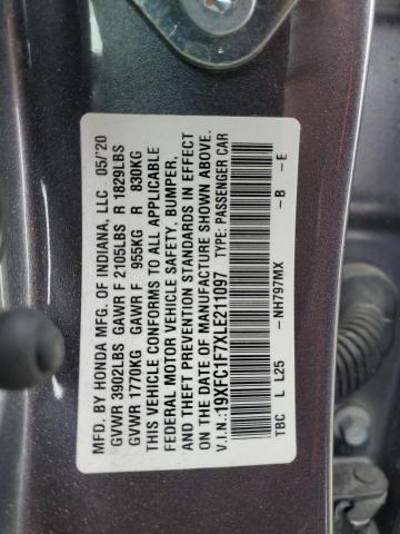 19XFC1F7XLE211097 - 2020 HONDA CIVIC EXL Boz foto 12