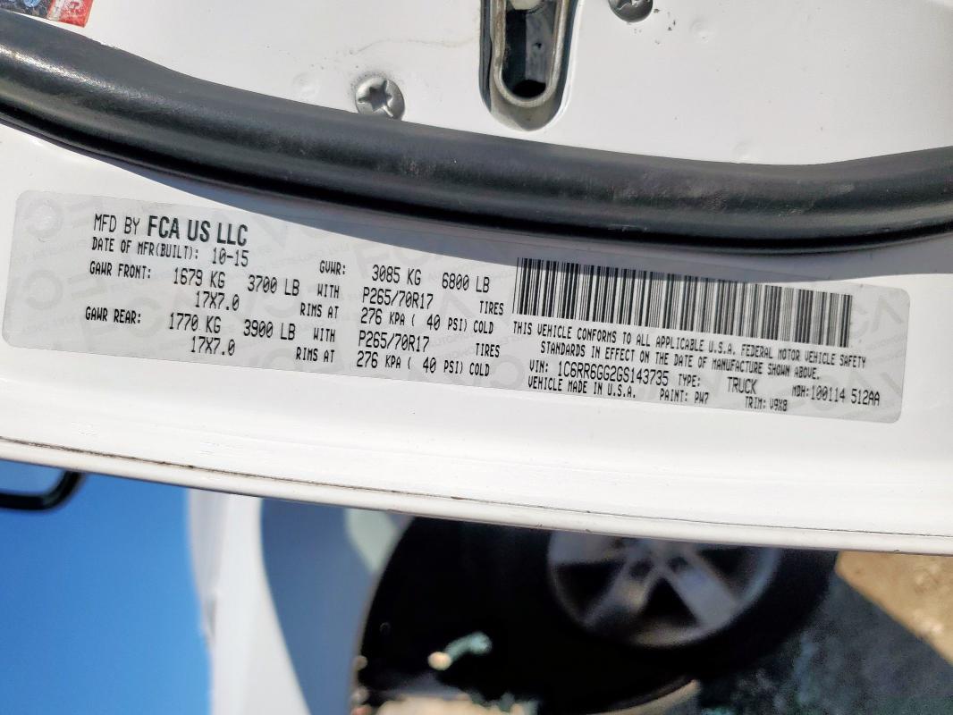 1C6RR6GG2GS143735 - 2016 RAM 1500 SLT 白色 照片 12