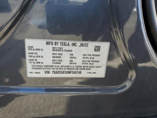 7SAXCAE59NF345748 - 2022 TESLA MODEL X გრაფიტი ფოტო 14