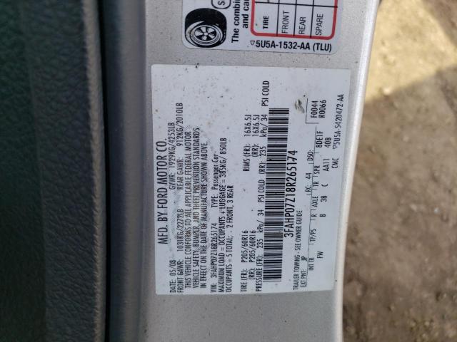 3FAHP07Z18R265174 - 2008 FORD FUSION SE SILVER photo 12