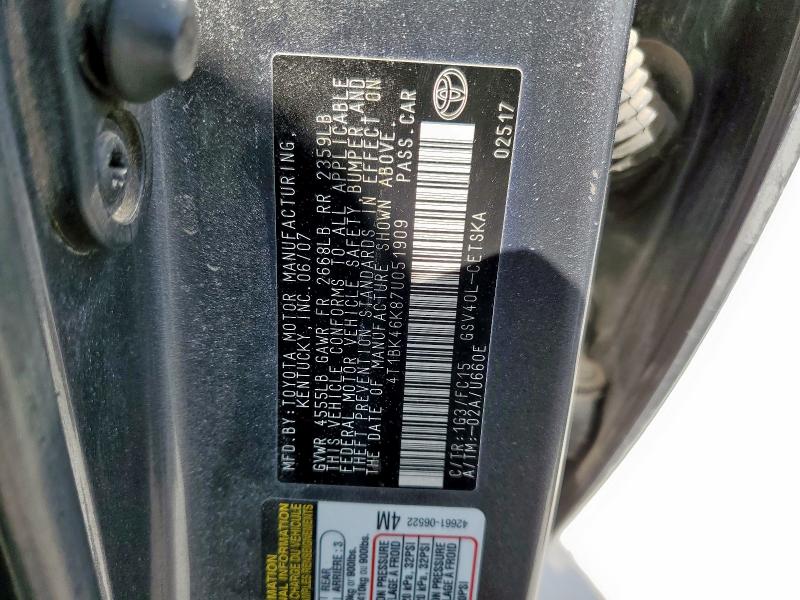 4T1BK46K87U051909 - 2007 TOYOTA CAMRY LE GRAY photo 12