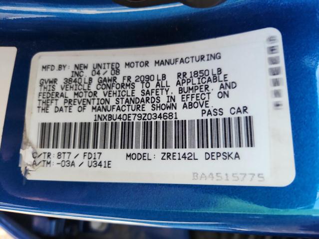 1NXBU40E79Z034681 - 2009 TOYOTA COROLLA BASE BLUE photo 13