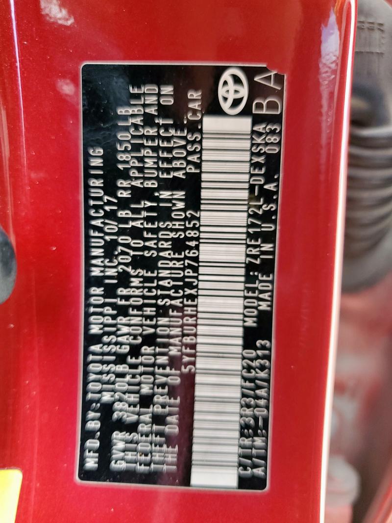 5YFBURHEXJP764852 - 2018 TOYOTA COROLLA L RED photo 12