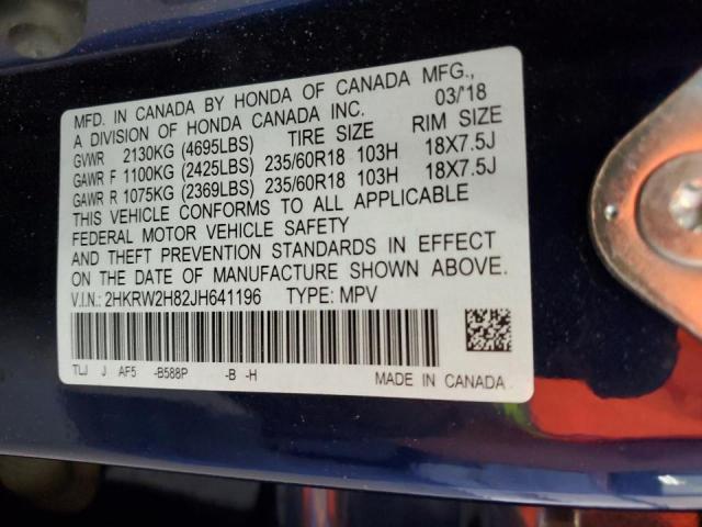 2HKRW2H82JH641196 - 2018 HONDA CR-V EXL BLUE photo 13