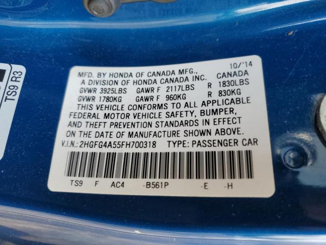 2HGFG4A55FH700318 - 2015 HONDA CIVIC SI BLUE photo 12
