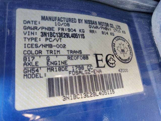 3N1BC13E29L405115 - 2009 NISSAN VERSA S BLUE photo 12