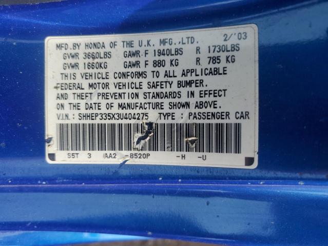 SHHEP335X3U404275 - 2003 HONDA CIVIC SI BLUE photo 13
