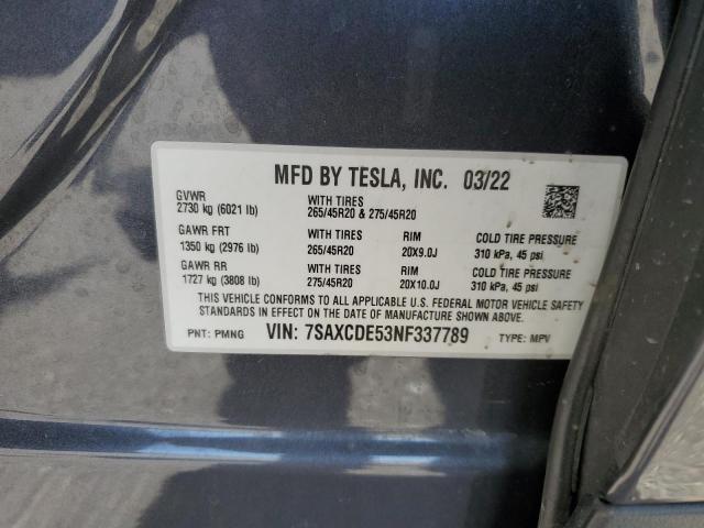 7SAXCDE53NF337789 - 2022 TESLA MODEL X GRAY photo 13