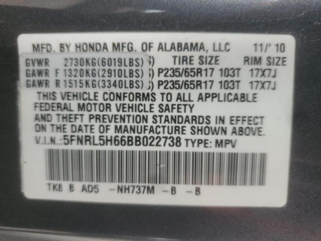 5FNRL5H66BB022738 - 2011 HONDA ODYSSEY EXL GRAY photo 13
