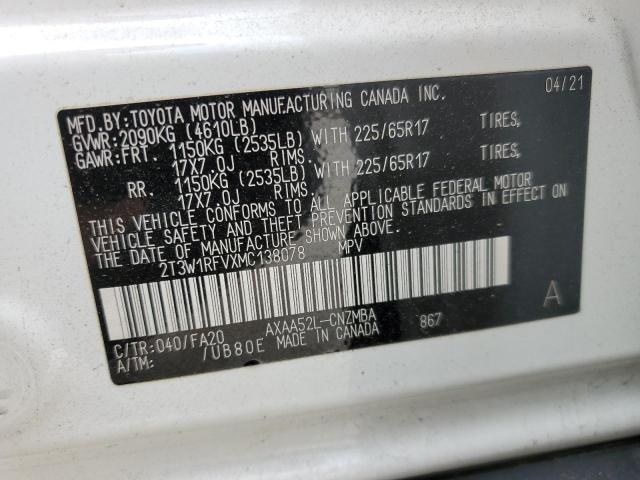 2T3W1RFVXMC138078 - 2021 TOYOTA RAV4 XLE WHITE photo 13